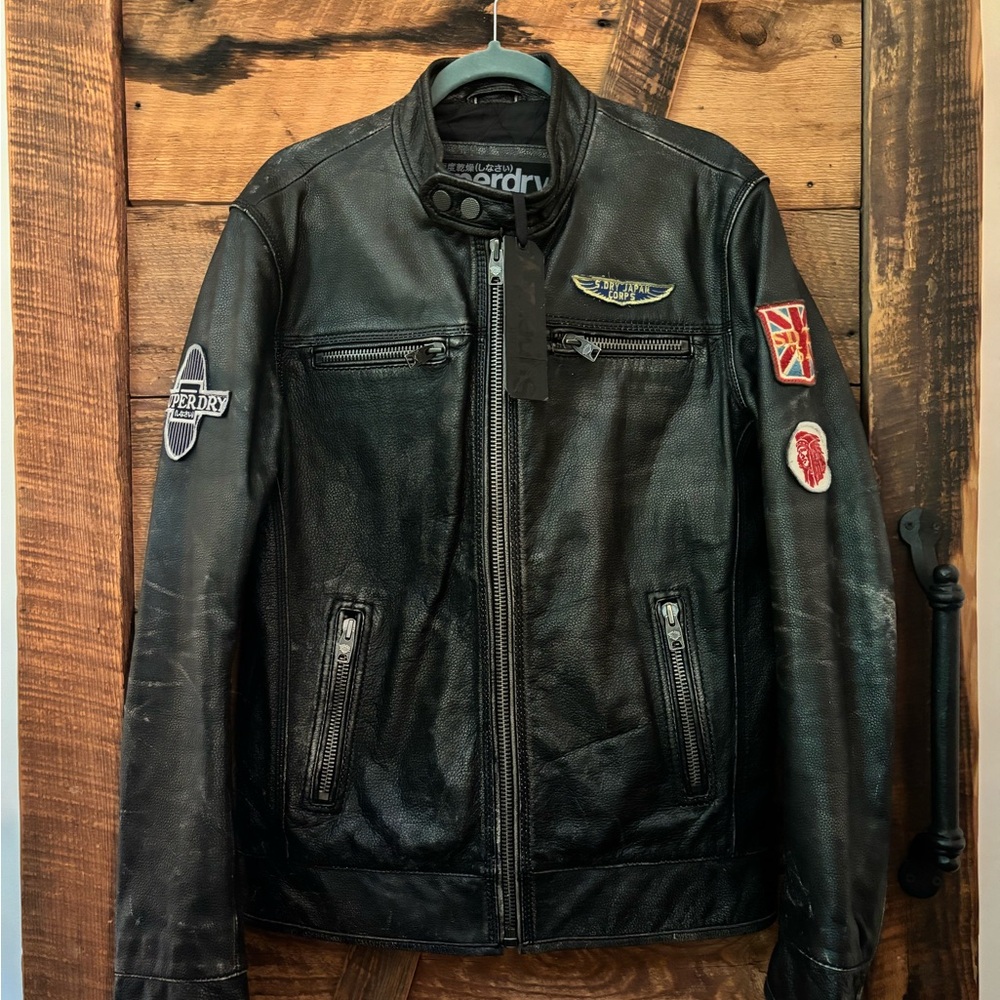 Superdry Leather Motorcycle Jacket RARE Limited Indian Chief Black Large
